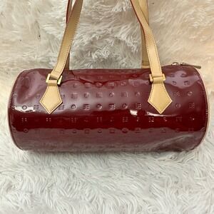 Arcadia Maroon Red Patent Italian Leather Barrel Zip TopShoulder Bag  Satchel